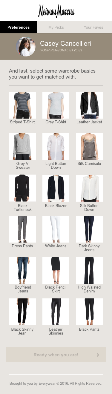 Closet profiling step: select the wardrobe basics you want to get matched with, a grid of striped t-shirts, blazers, jeans and skirts